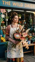 Florist wearing colorful apron holding mixed dried flower bouquet outside shop storefront with painted floral signage and potted plants, small business retail environment.