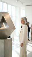 Mature Caucasian woman in elegant cream suit admiring contemporary metal sculpture in bright modern art gallery with natural lighting and minimalist design.
