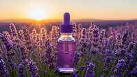 Lavender essential oil bottle in blooming purple flower field at golden sunset. Natural aromatherapy and wellness concept for spa and relaxation treatments.