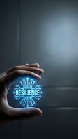 Caucasian male hand holding glowing digital resilience symbol with circuit board pattern on dark background for business concepts.