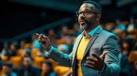 Professional African American male speaker in grey suit and yellow sweater gesturing confidently during presentation in auditorium with blurred audience background.