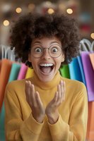 Excited young African American woman with natural curly hair and glasses expressing joy and surprise, wearing yellow sweater with colorful shopping bags background.