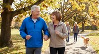 Happy senior couple walking together in autumn park holding hands while exercising outdoors with golden fall foliage and other people in background.