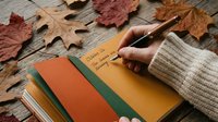 Overhead view of a person wearing a cream sweater writing in an open notebook with orange and green covers on a wooden surface scattered with autumn leaves.