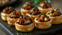 Savory puff pastry vol-au-vents filled with mushroom and colorful bell pepper mixture, garnished with fresh herbs on dark serving tray.
