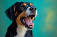 Happy Entlebucher Mountain Dog portrait with open mouth and joyful expression against turquoise background, showing white teeth and pink tongue.