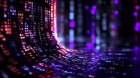 Glowing digital matrix pattern with curved surface displaying binary code and data streams in pink and purple neon colors against dark background.