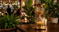 Elegant hourglass timer with warm golden sand on wooden table surrounded by lush green plants and soft bokeh lights creating cozy atmospheric home decor ambiance.
