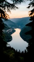 Tranquil mountain lake at sunset framed by evergreen trees, with small town nestled along shoreline reflecting golden light on calm waters in valley landscape.