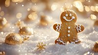 Cheerful gingerbread cookie on sparkling snow with golden bokeh lights and decorative snowflakes creating magical holiday atmosphere.