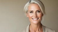 Confident mature businesswoman with platinum blonde hair and bright smile wearing beige blazer against neutral background, professional corporate portrait.