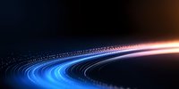 Glowing curved light trail with blue and orange luminous streaks against dark background, creating dynamic motion effect for technology and communication designs.