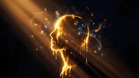 Glowing human head silhouette with golden light rays and floating particles representing consciousness, creativity, and mental energy in dark space.
