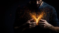 Caucasian man holding glowing magical light between hands, orange sparks and particles floating in dark space, mystical energy concept for spirituality.