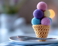 Colorful crocheted ice cream cone with pastel scoops in pink, purple, yellow and blue yarns on white plate against soft blurred background. Handmade amigurumi dessert.