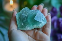 Raw green fluorite crystal held in open palm against blurred background with soft candlelight and purple flowers, showcasing natural mineral formation and healing properties.