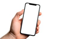 Caucasian male hand holding modern smartphone with blank white screen isolated on white background, mockup for app or website design presentation.