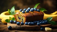 Fresh baked banana bread loaf topped with ripe blueberries and mint leaves on rustic wooden board, moody lighting creates appetizing atmosphere.