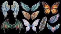 Wings and butterfly clipart set with angel, dragon, steampunk, fairy, and monarch designs, isolated on transparent background, ready for stickers, t-shirt design, and print on demand.