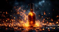 Glass bottle surrounded by dynamic fire and glowing sparks against dark background, dramatic lighting creates mystical atmosphere with orange flame effects.