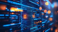 Digital technology abstract background with glowing lines and code elements in blue and orange colors creating futuristic data visualization pattern.
