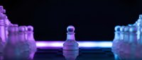 Chess pawn stands alone between opposing armies in dramatic neon lighting, symbolizing courage, leadership and strategic decision-making in business.