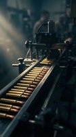 Ammunition production line with brass bullets on conveyor belt in industrial manufacturing facility with dramatic lighting and machinery background.