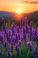 Purple lavender flowers blooming in field at golden sunset with mountain landscape background. Natural aromatherapy herbs growing in summer garden.