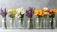 Six glass jars with colorful wildflowers including daisies, lavender, and marigolds arranged in a row against a light gray wall.