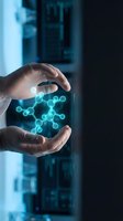 Scientist or researcher with pale skin holding glowing blue molecular structure between hands against dark tech background, representing biotechnology, innovation, and scientific discovery.