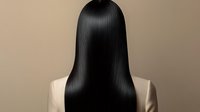 Smooth, glossy black hair from behind showing perfect straightening result against neutral beige background, demonstrating professional salon treatment.