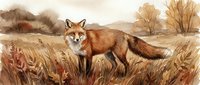 Red fox standing in autumn grassland with golden wheat field and bare trees in background, watercolor painting style for nature wildlife art projects.
