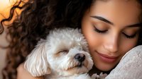 Young Hispanic woman with curly hair embracing white Maltese dog while both appear peaceful and relaxed, representing pet companionship and emotional bond.