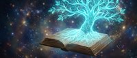 Glowing tree of knowledge emerging from open book with magical light particles and cosmic background, symbolizing education, wisdom, and learning concepts.