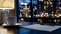 White coffee cup and notepad on wooden table against window with blurred city lights and bokeh effect in evening, creating cozy atmosphere for work or study.