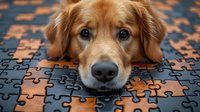 Golden retriever dog resting head on incomplete jigsaw puzzle with scattered orange and blue pieces, close up portrait showing soulful eyes and gentle expression.