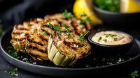 Grilled artichoke halves with creamy dipping sauce on black plate garnished with fresh herbs and lemon, dramatic lighting creates appetizing mood for food photography.