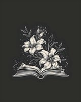 Magical open book with blooming lily flowers emerging from pages, white line art on dark background. Fantasy literature and reading concept illustration.