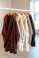 Chunky knit sweaters in earth tones hanging on wooden hangers against white wall. Cozy winter wardrobe featuring brown, beige, and cream colored wool garments.