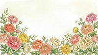 Watercolor ranunculus flowers border frame with pink, peach and yellow blooms on cream background for wedding invitations and romantic designs.