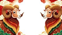 Ornate ram heads with curved horns frame white space in traditional Asian art style with red gold decorative elements for lunar new year designs.