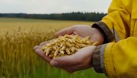 Farmer in yellow raincoat holding freshly harvested golden wheat ears in cupped hands against blurred wheat field background, agriculture concept.