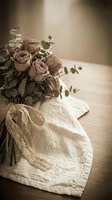 Vintage wedding bouquet with dusty pink roses and eucalyptus on delicate lace fabric in warm sepia tones for romantic bridal photography and design projects.
