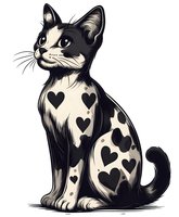 Illustrated black and white cat with heart-shaped spots on cream fur, sitting upright with alert expression and pointed ears on transparent background.