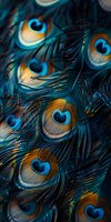 Vibrant peacock feathers in deep turquoise and gold tones create natural heart shapes within eye spots, showcasing nature's intricate patterns in macro detail.