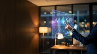 Businessman in dark suit interacting with holographic financial charts and data analytics display, touching glowing stock market graphs in modern office environment with warm lighting.