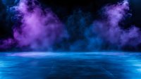 Mystical ocean landscape with vibrant purple and blue smoke clouds hovering over glowing turquoise water surface creating ethereal atmospheric scene.