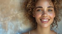 Young mixed-race woman with natural curly hair and bright blue eyes smiling genuinely at camera, freckles on face, warm lighting and soft bokeh background.