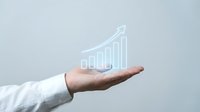 Businessman hand presenting holographic growth chart with upward arrow showing business success and financial progress for corporate presentations.