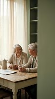 Happy senior Caucasian couple enjoying morning coffee together at kitchen table by window with natural light creating warm intimate domestic scene.